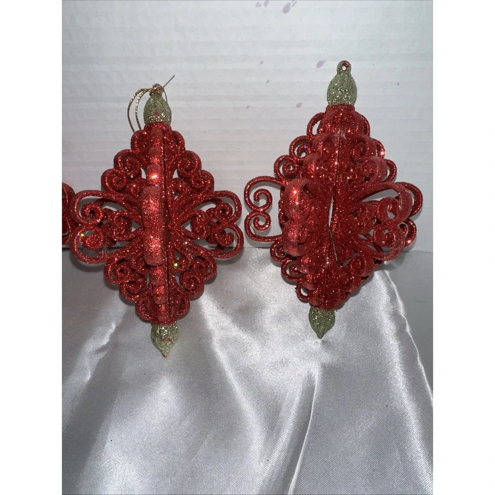 Red Glitter Scroll Christmas Ornaments Set of 3 Filigree Finial Holiday Decor
